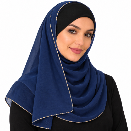 Woman wearing a navy-blue hijab scarf with thin light gold trim on a white background