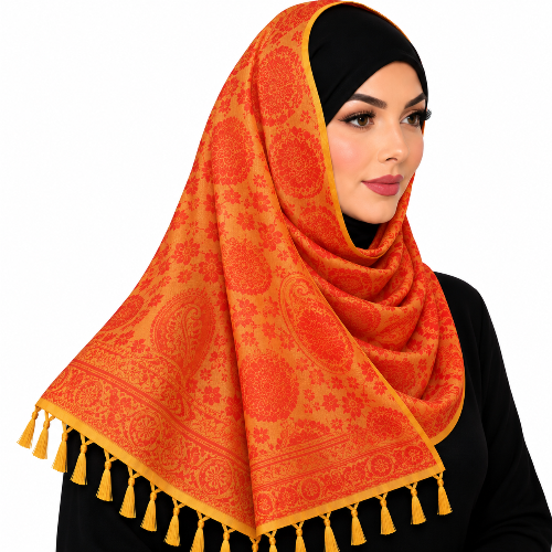 A woman wearing a bright orange and yellow patterned hijab with tassels, styled over a black headscarf and black top, against a solid white background.