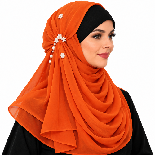 Orange chiffon hijab with white pearl flower details worn by a model