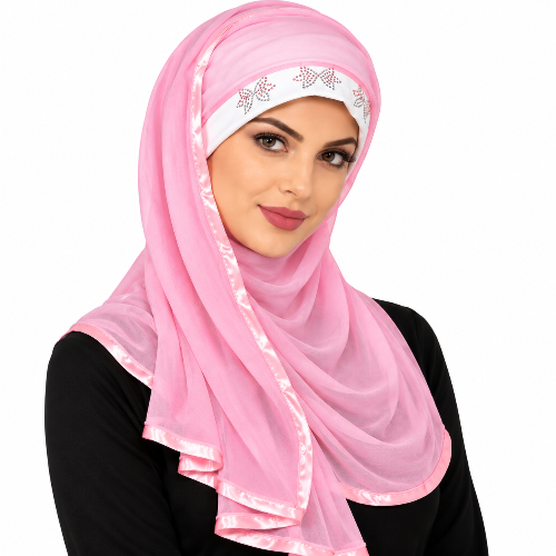 Woman wearing a light pink long wrap turban hijab with a white rhinestone headband, pink satin trim, and decorative pearl beads.