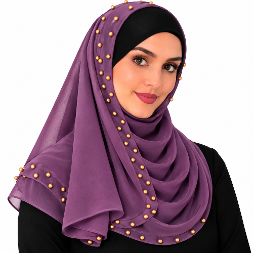 Woman wearing a purple chiffon hijab scarf with small gold beads on a white background