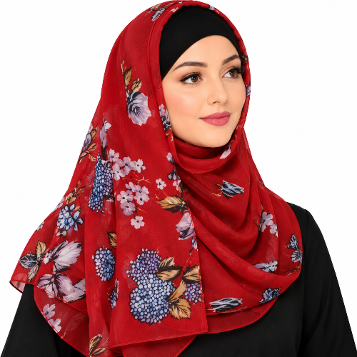 A woman wearing a red chiffon hijab with a blue, pink, and white floral print, styled over a black headscarf and a black top against a plain white background.