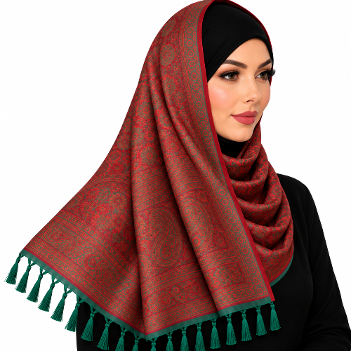 Woman wearing a red patterned hijab scarf with floral paisley designs, green trim, and matching fringe on a white background.