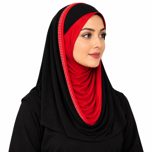 A woman wearing a black hijab with a vibrant red inner layer and a red trim featuring small white dot accents, shown against a plain white background.