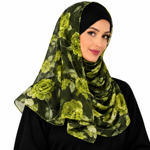 Olive Green Floral Georgette Hijab Scarf – Lightweight Women's Modest ...