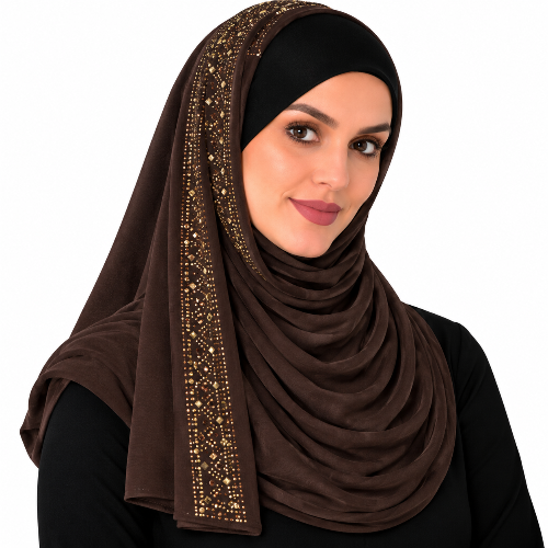 This brown jersey hijab is soft, stretchy, and easy to wear. The pretty rhinestone design runs along one side of the scarf and adds a touch of shine. The jersey fabric drapes nicely and feels comfortable for all-day wear. Great for everyday wear, work, Eid, parties, weddings, and special occasions.