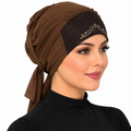 Brown rhinestone hijab cap with tie-back design worn by a model