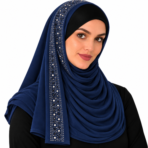 A woman wearing a navy blue hijab with a vertical decorative panel of silver rhinestones, styled over a black top against a plain white background.