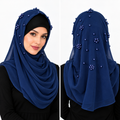 Navy blue pearl beaded chiffon hijab scarf for women with matching navy pearl details on the top and back, shown on a female model in front and back views.
