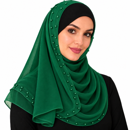 Woman wearing a green chiffon hijab scarf with matching green pearl beads on a white background