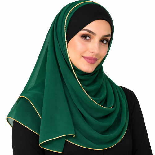 Woman wearing an emerald, green hijab scarf with thin light gold trim on a white background
