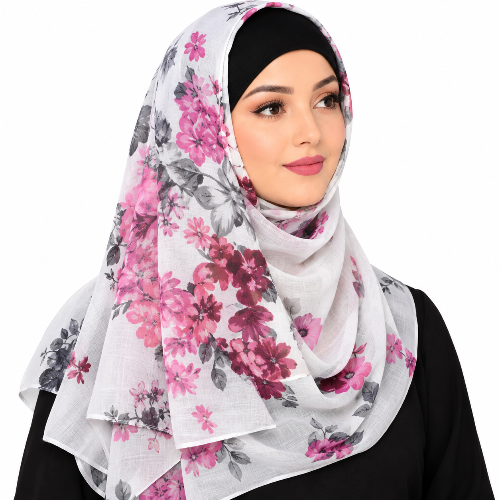 A woman wearing a white chiffon hijab with a pink and dark red floral print, styled over a black under-cap and black top against a plain white background.