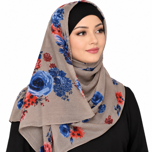A woman wearing a taupe-beige hijab with a blue and red floral print, styled with a black undercap, against a plain white background.