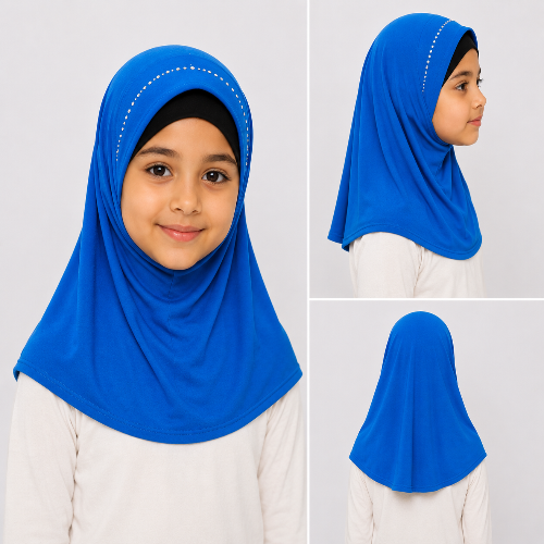 Girl modeling a short blue rhinestone one piece hijab with an above-the-shoulder fit and sparkling rhinestone details around the front