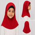 Girl modeling a short red one-piece hijab with an above-the-shoulder fit and one row of sparkling rhinestones around the front