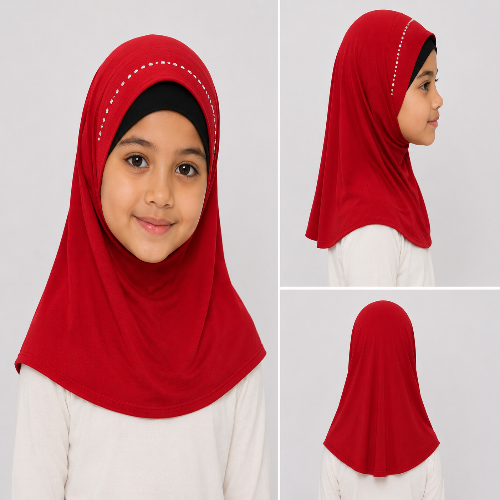 Girl modeling a short red one-piece hijab with an above-the-shoulder fit and one row of sparkling rhinestones around the front