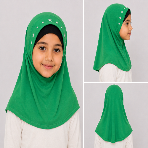 Girl modeling a green one-piece hijab with sparkling star rhinestones around the front and a short, above-the-shoulder fit
