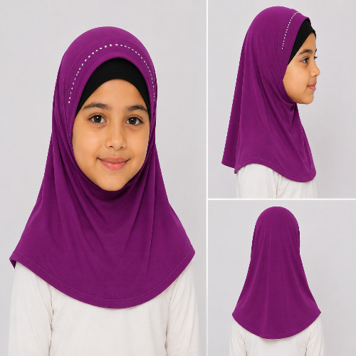 Girl modeling a short purple one piece hijab with an above-the-shoulder fit and one curved row of sparkling rhinestones around the front