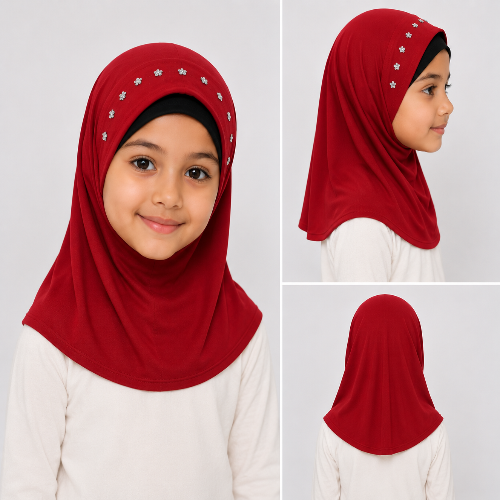 Girl modeling a short red rhinestone one piece hijab with an above-the-shoulder fit and sparkling rhinestone details around the front