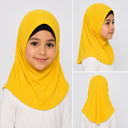 Girl modeling a yellow rhinestone one piece hijab with an above-the-shoulder fit and sparkling rhinestone design around the front