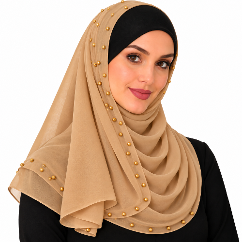 Woman wearing a beige chiffon hijab scarf with small gold beads on a white background