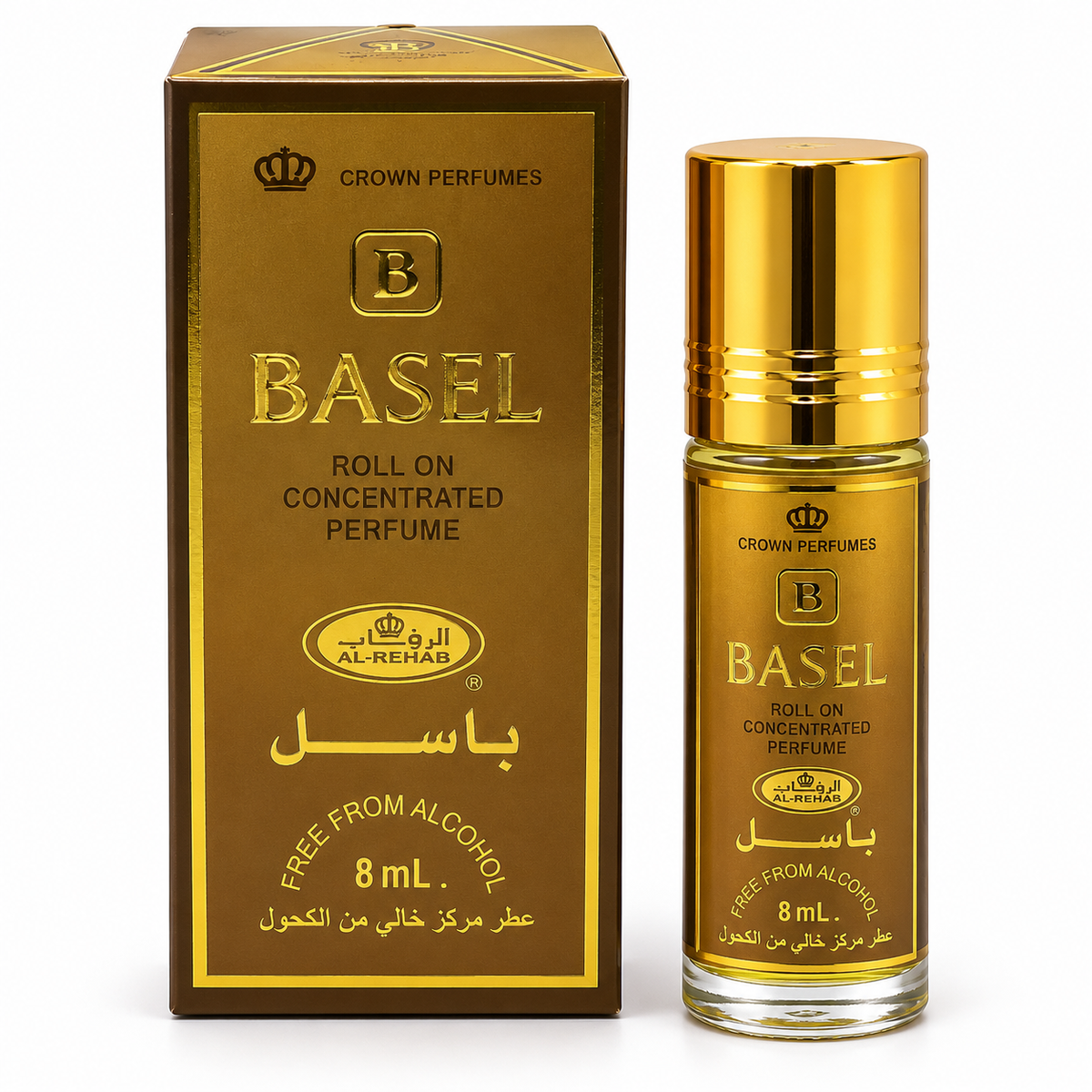 Gold Basel 8 mL non-alcoholic concentrated roll-on perfume oil with matching gold and brown perfume box.