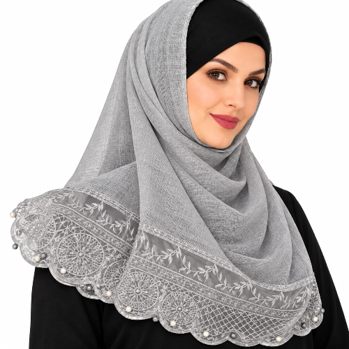 Gray hijab scarf with embroidered lace and pearl bead details along the bottom edge.