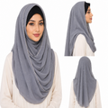 Woman modeling a gray rhinestone chiffon hijab scarf with elegant draping and sparkling rhinestone details