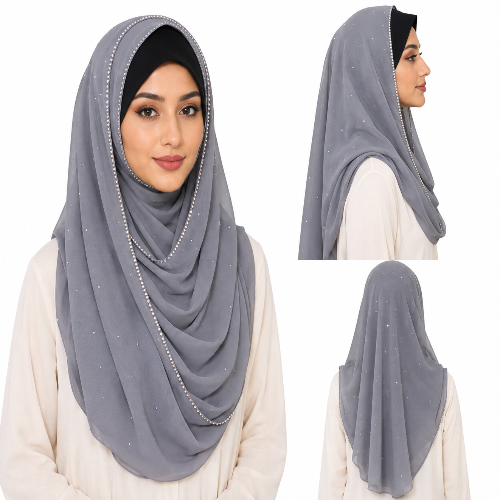 Woman modeling a gray rhinestone chiffon hijab scarf with elegant draping and sparkling rhinestone details
