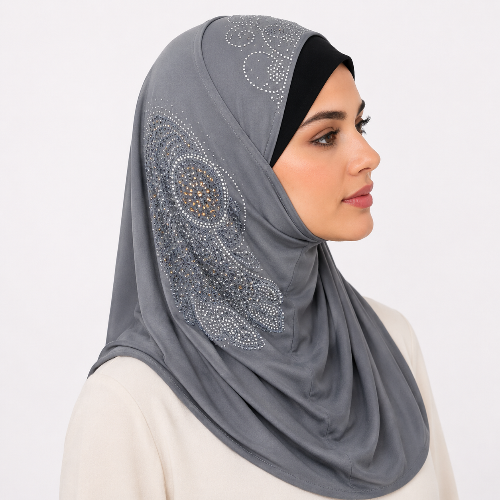 Gray rhinestone one piece hijab with sparkling side embellishment worn by a female model on a white background