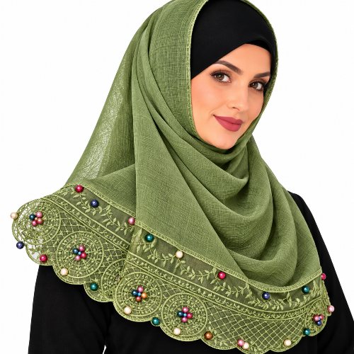 Green hijab scarf with embroidered lace and small multicolor pearl bead details along the bottom edge.