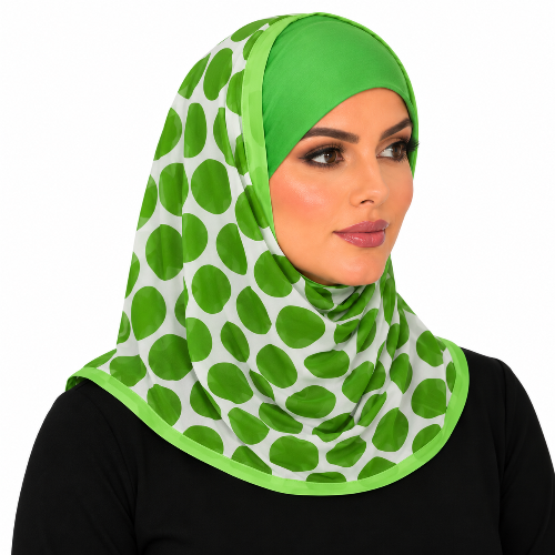 A woman wearing a bright green and white polka dot hijab, shown from the chest up against a plain white background.