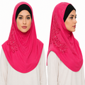 Hot pink rhinestone one piece hijab with lace detailing shown on model in front and side views