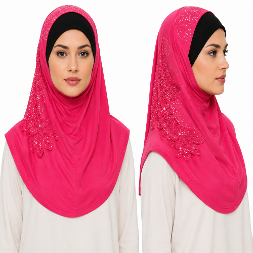 Hot pink rhinestone one piece hijab with lace detailing shown on model in front and side views