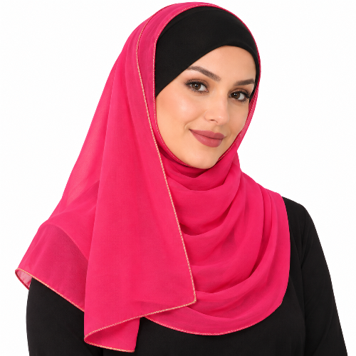 Woman wearing a hot pink hijab scarf with thin light gold trim on a white background