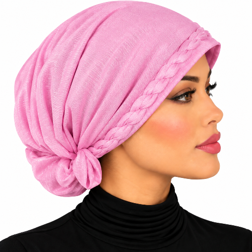 Light pink turban hijab with soft fabric and braided trim along the front.