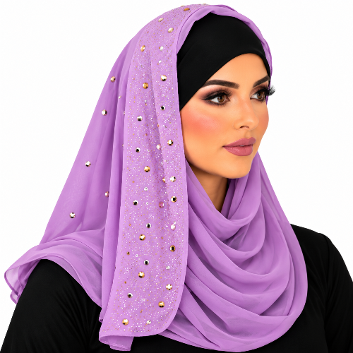 Woman wearing a lilac chiffon hijab with sparkling rhinestone details and a black undercap