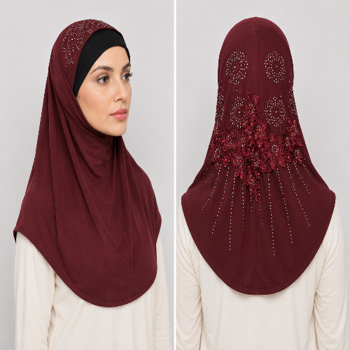 Maroon rhinestone lace one-piece hijab on a model showing front coverage and decorative floral lace and rhinestone detailing on the back.