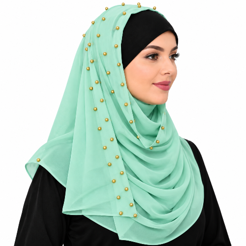Mint Green Beaded Chiffon Hijab for Women - Gold Bead Detail