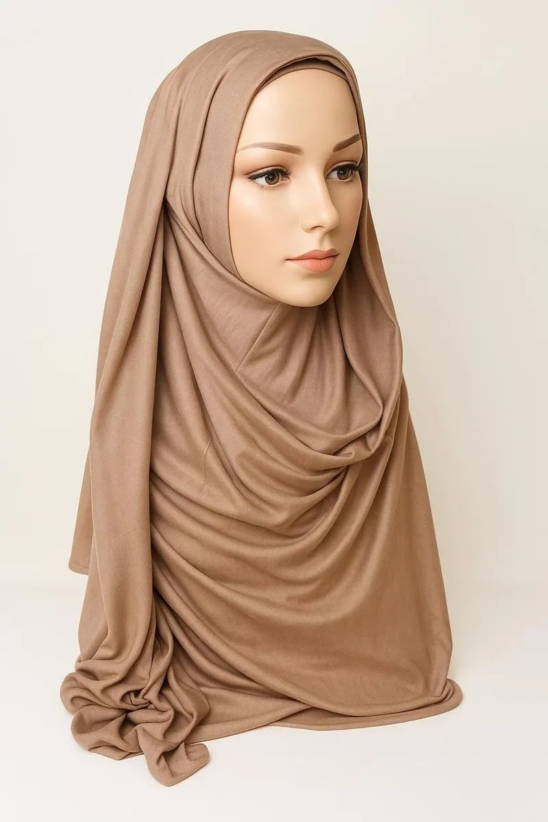 Mocha jersey hijab with soft stretch fabric, modest Muslim women headscarf, lightweight everyday draped shawl for comfortable full coverage wear
