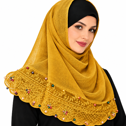 Mustard gold hijab with embroidered lace and multicolor pearl bead details along the bottom edge.