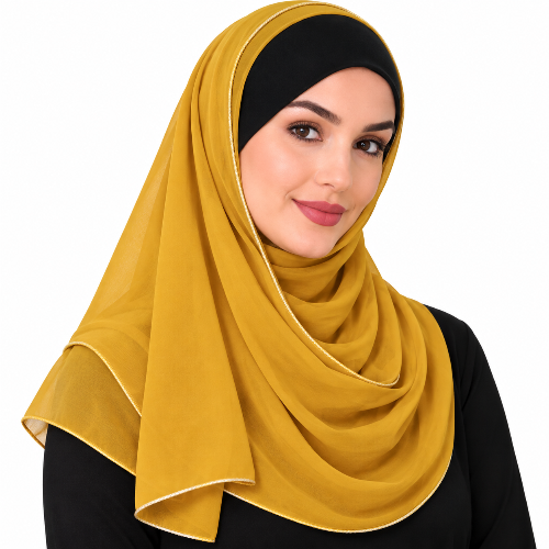 Woman wearing a mustard yellow hijab scarf with thin light gold trim on a white background