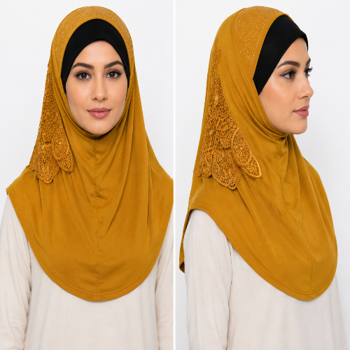 Mustard rhinestone one piece hijab with lace detailing shown on model in front and side views