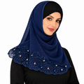 Navy blue hijab with embroidered lace bottom and pearl bead details.
