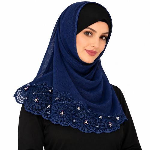 Navy blue hijab with embroidered lace bottom and pearl bead details.