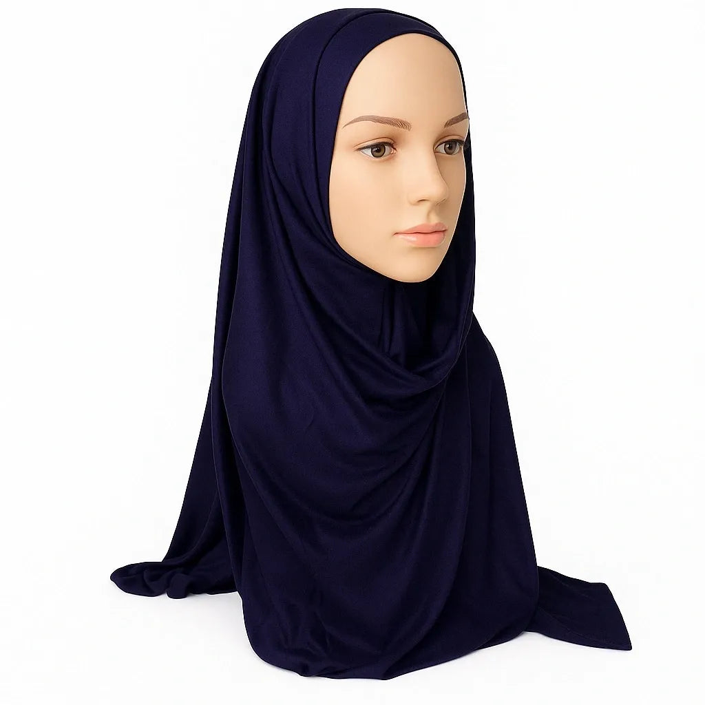 Navy blue full drape khimar hijab in heavy jersey fabric with long front and back coverage, modest Islamic prayer hijab for women, soft stretch layered khimar from Affordable Hijab USA