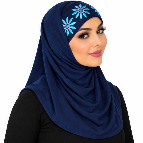 Navy blue two-piece hijab with bright blue floral inner cap modeled in a normal shoulder-length style on a white background.