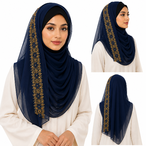 Woman wearing navy chiffon hijab with elegant gold embroidered edge