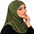 Olive green two-piece stretch Lycra hijab modeled by a woman, featuring a textured shimmer finish and medium-length neck and upper-chest coverage.