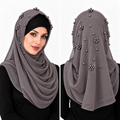 Charcoal gray pearl beaded chiffon hijab scarf for women with matching gray pearl details, shown on a female model in front and back views.
